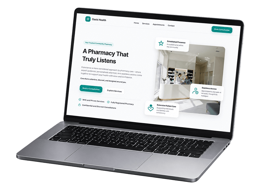 Modern pharmacy website mockup on laptop and mobile devices